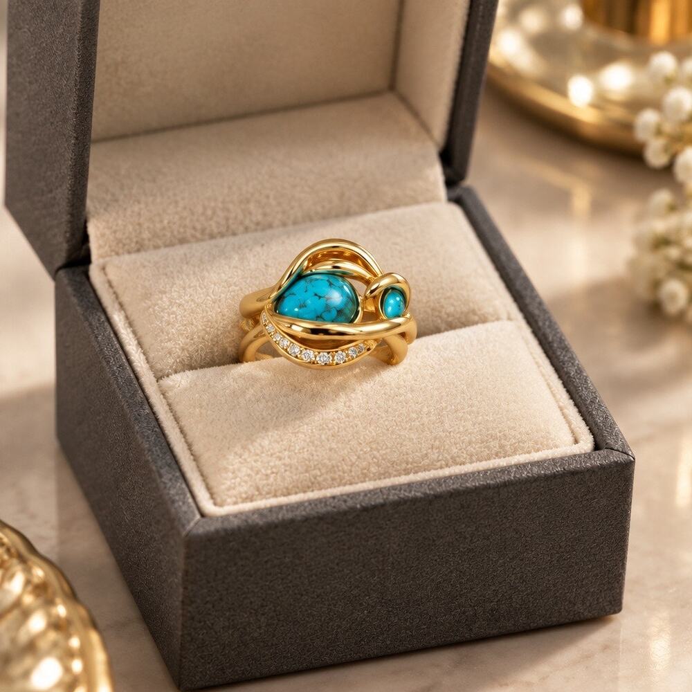 ✨ CHIC Boho-Modernist Gold, Simulated Turquoise & CZ Statement Ring ✨size 10